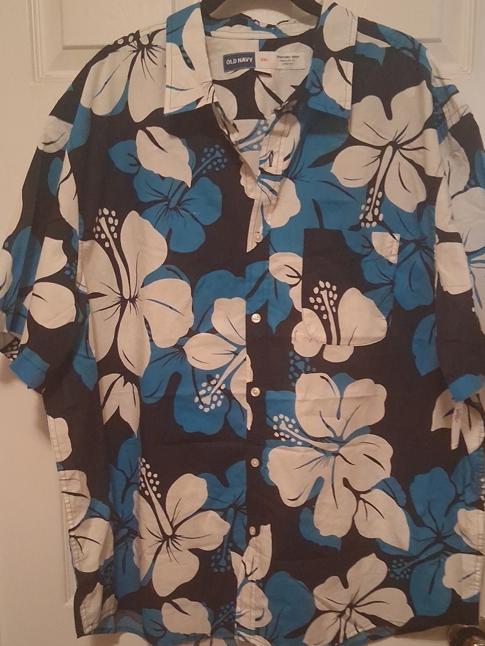 Old Navy Blue & White Hibiscus Short-Sleeve Button-Up Shirt XXL W Chest Pocket